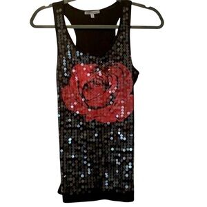 Sequin Tank Top with Red Rose